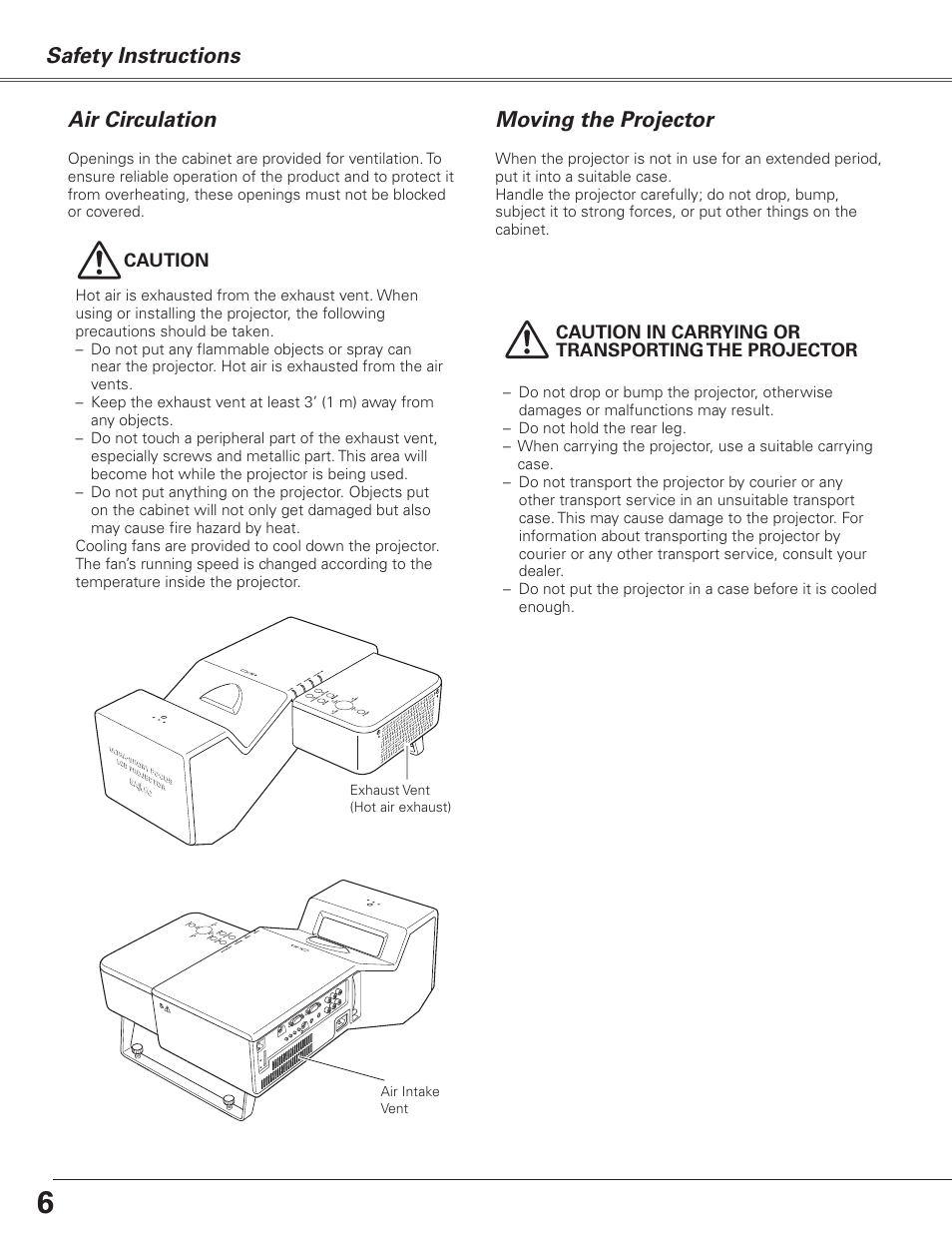 Air circulation, Moving the projector, Safety instructions moving the projector | Sanyo PJLINK PLC-XL51 User Manual | Page 6 / 77