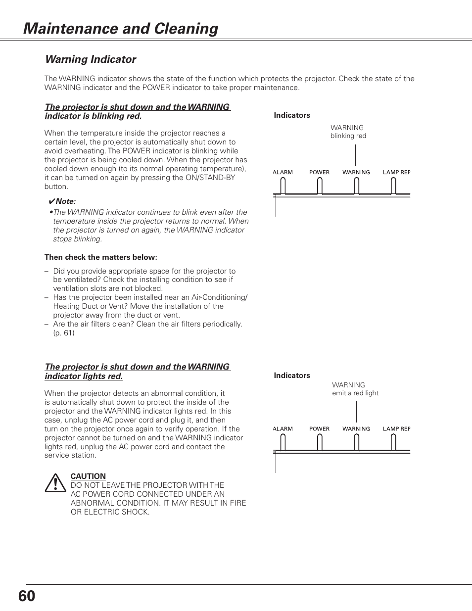 Maintenance and cleaning, Warning indicator | Sanyo PJLINK PLC-XL51 User Manual | Page 60 / 77