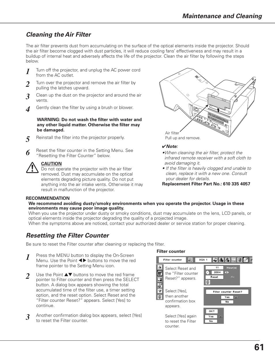 Cleaning the air filter, Resetting the filter counter, Maintenance and cleaning | Sanyo PJLINK PLC-XL51 User Manual | Page 61 / 77