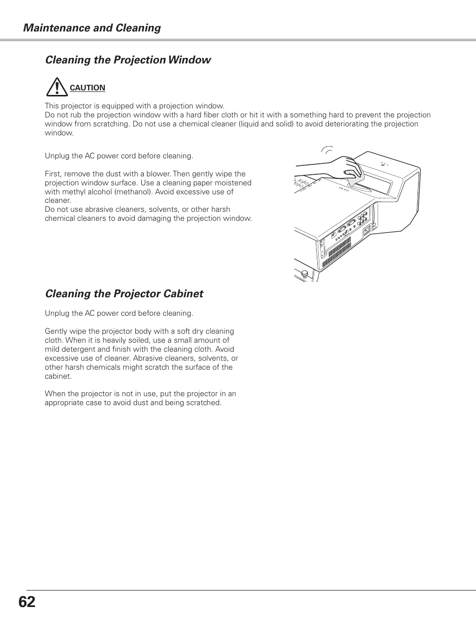 Cleaning the projection window, Cleaning the projector cabinet | Sanyo PJLINK PLC-XL51 User Manual | Page 62 / 77