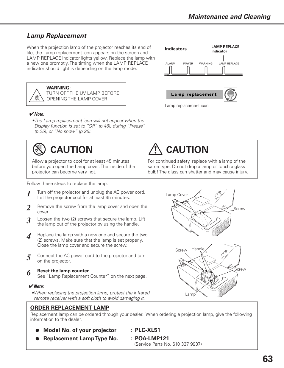 Lamp replacement, Caution, Maintenance and cleaning | Sanyo PJLINK PLC-XL51 User Manual | Page 63 / 77