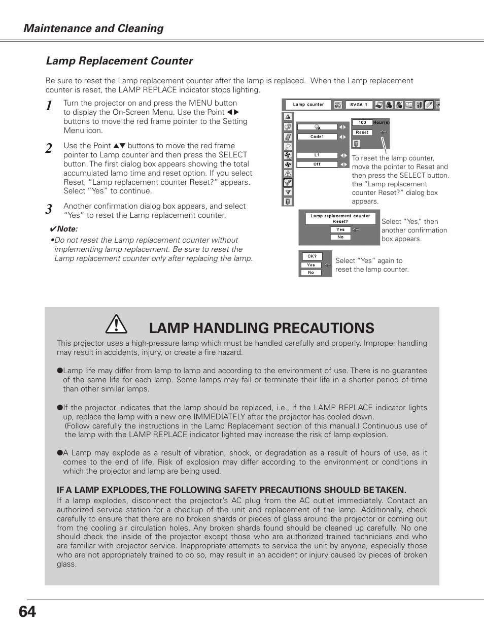 Lamp replacement counter, Lamp handling precautions, Maintenance and cleaning | Sanyo PJLINK PLC-XL51 User Manual | Page 64 / 77