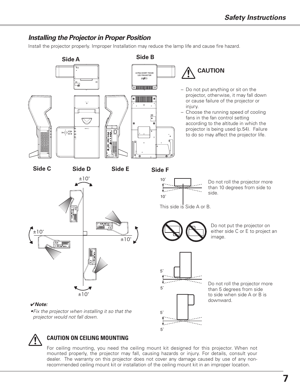 Installing the projector in proper position, Safety instructions | Sanyo PJLINK PLC-XL51 User Manual | Page 7 / 77