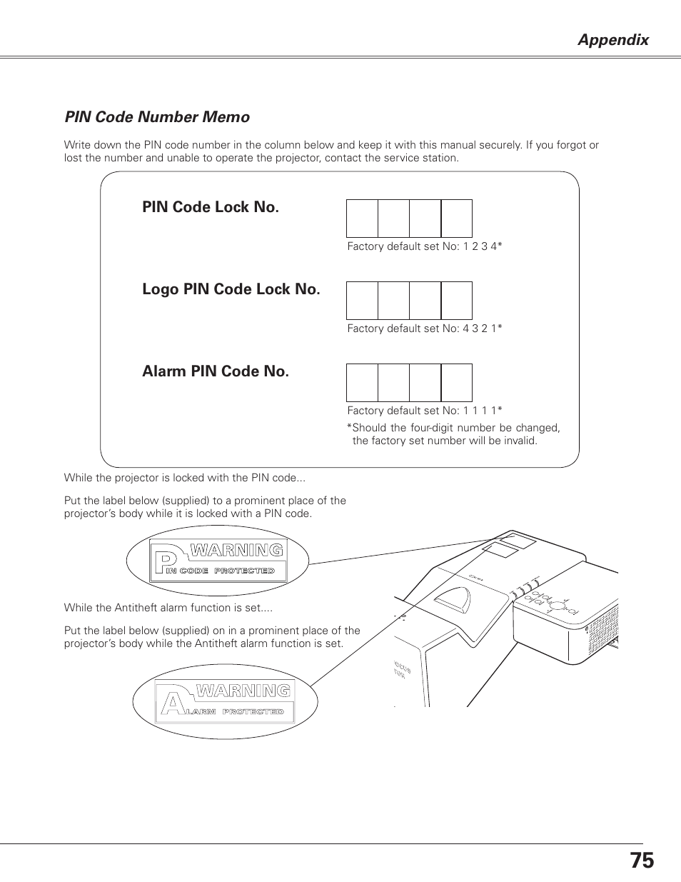 Pin code number memo, Pin code lock no. logo pin code lock no, Alarm pin code no | Sanyo PJLINK PLC-XL51 User Manual | Page 75 / 77