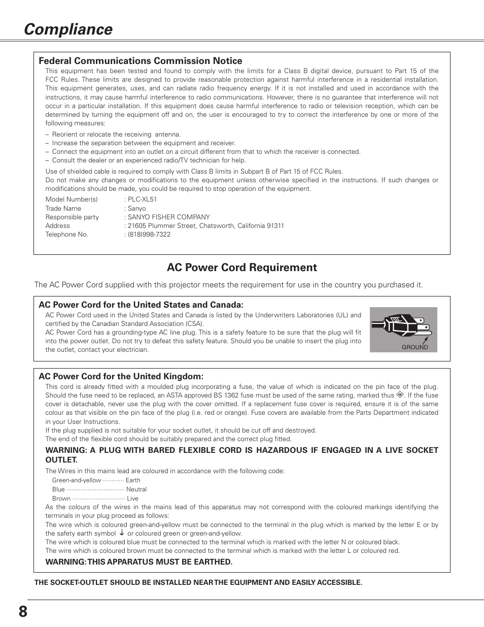 Compliance, 8compliance, Ac power cord requirement | Sanyo PJLINK PLC-XL51 User Manual | Page 8 / 77