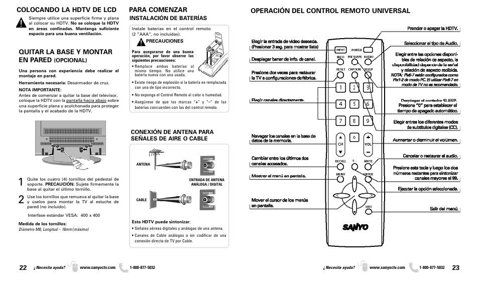 Quitar la base y montar en pared, Colocando la hdtv de lcd, Para comenzar | Operación del control remoto universal | Sanyo DP46819 User Manual | Page 12 / 19