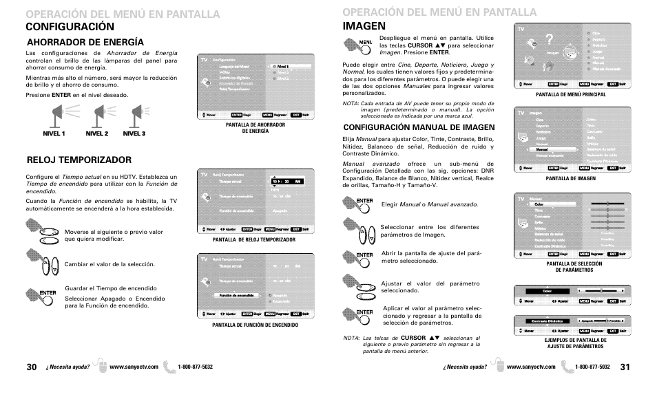 Operación del menú en pantalla configuración, Imagen operación del menú en pantalla, Ahorrador de energía | Reloj temporizador, Configuración manual de imagen | Sanyo DP46819 User Manual | Page 16 / 19