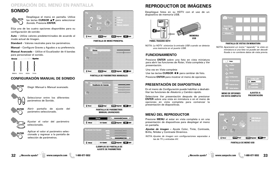 Sonido operación del menú en pantalla, Reproductor de imágenes, Configuración manual de sonido | Funcionamiento, Presentación de diapositivas, Menú del reproductor | Sanyo DP46819 User Manual | Page 17 / 19