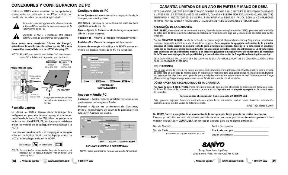 Conexiones y configuracion de pc | Sanyo DP46819 User Manual | Page 18 / 19