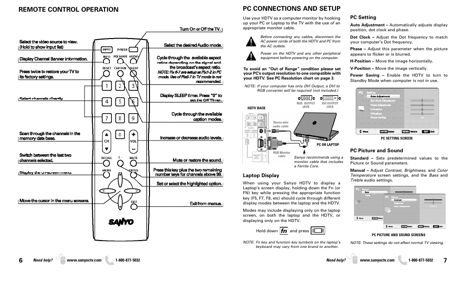 Remote control operation pc connections and setup | Sanyo DP46819 User Manual | Page 4 / 19