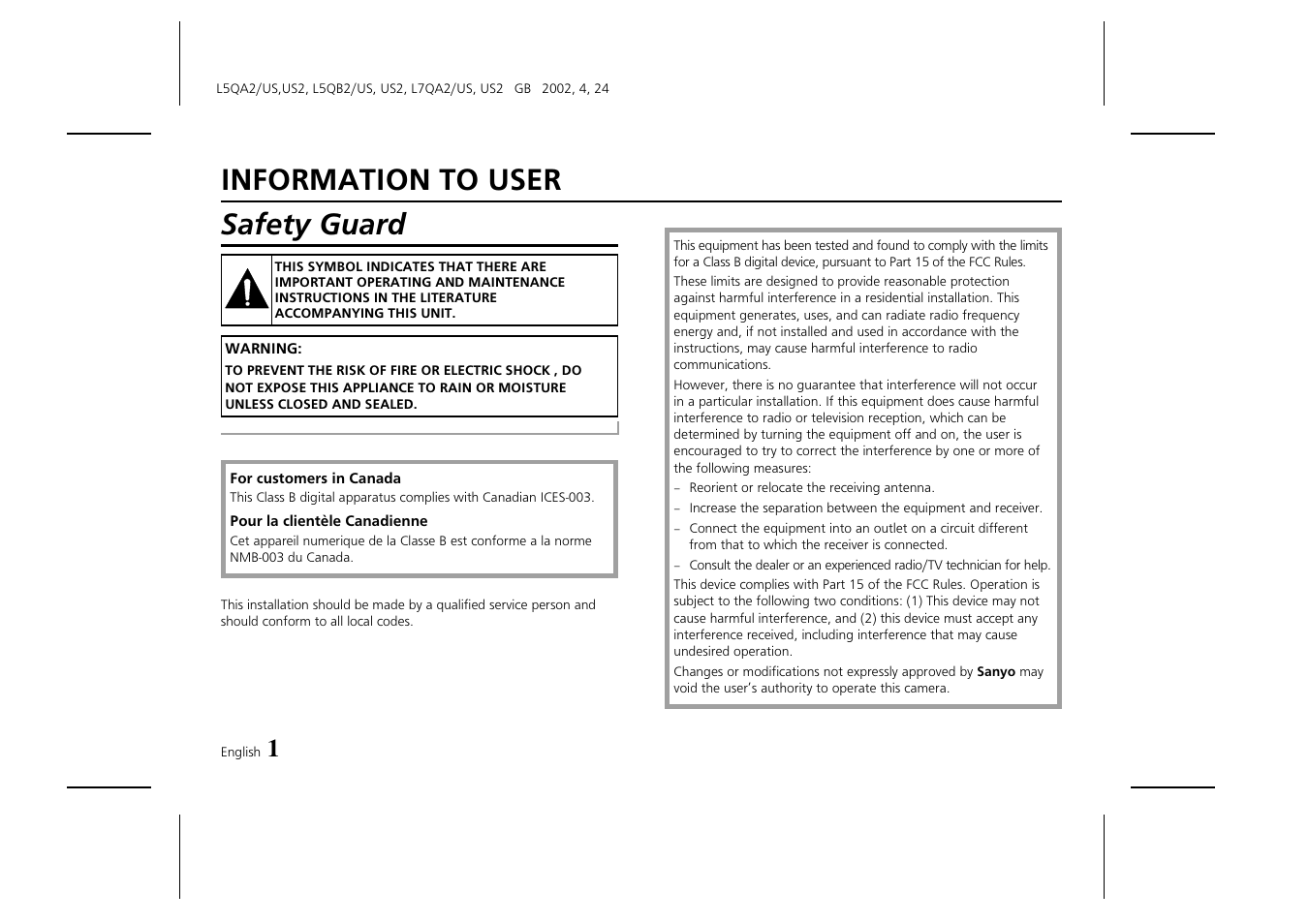 Safety guard, Information to user | Sanyo VDC-M1024V User Manual | Page 2 / 8
