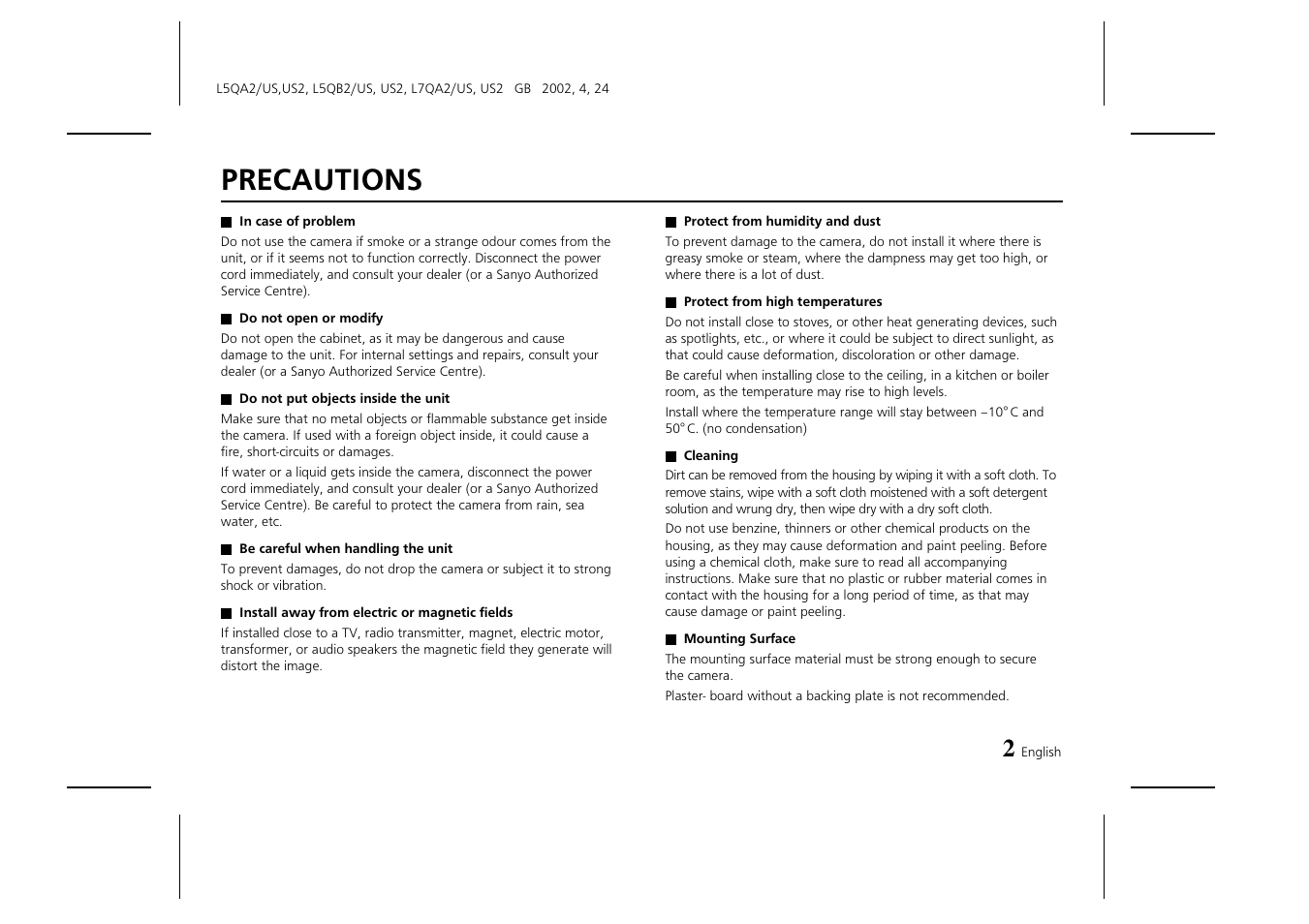 Precautions | Sanyo VDC-M1024V User Manual | Page 3 / 8
