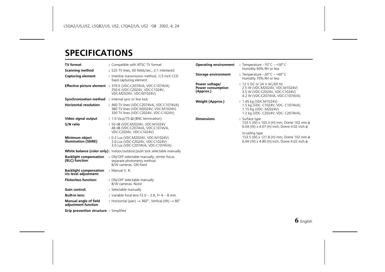 Specifications | Sanyo VDC-M1024V User Manual | Page 7 / 8