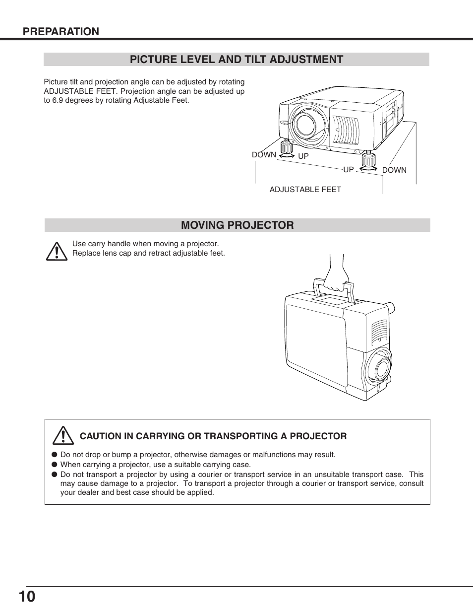Preparation, Picture level and tilt adjustment moving projector | Sanyo PLC-XF31/XF31NL User Manual | Page 10 / 52