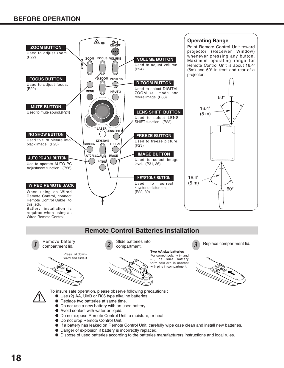 Before operation, Remote control batteries installation, Operating range | Sanyo PLC-XF31/XF31NL User Manual | Page 18 / 52