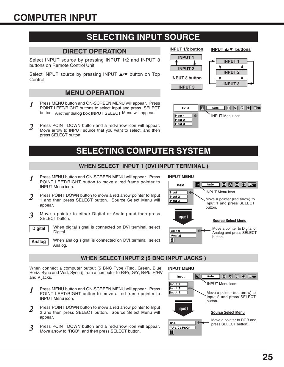 25 computer input, Selecting computer system, Selecting input source | Menu operation, Direct operation | Sanyo PLC-XF31/XF31NL User Manual | Page 25 / 52