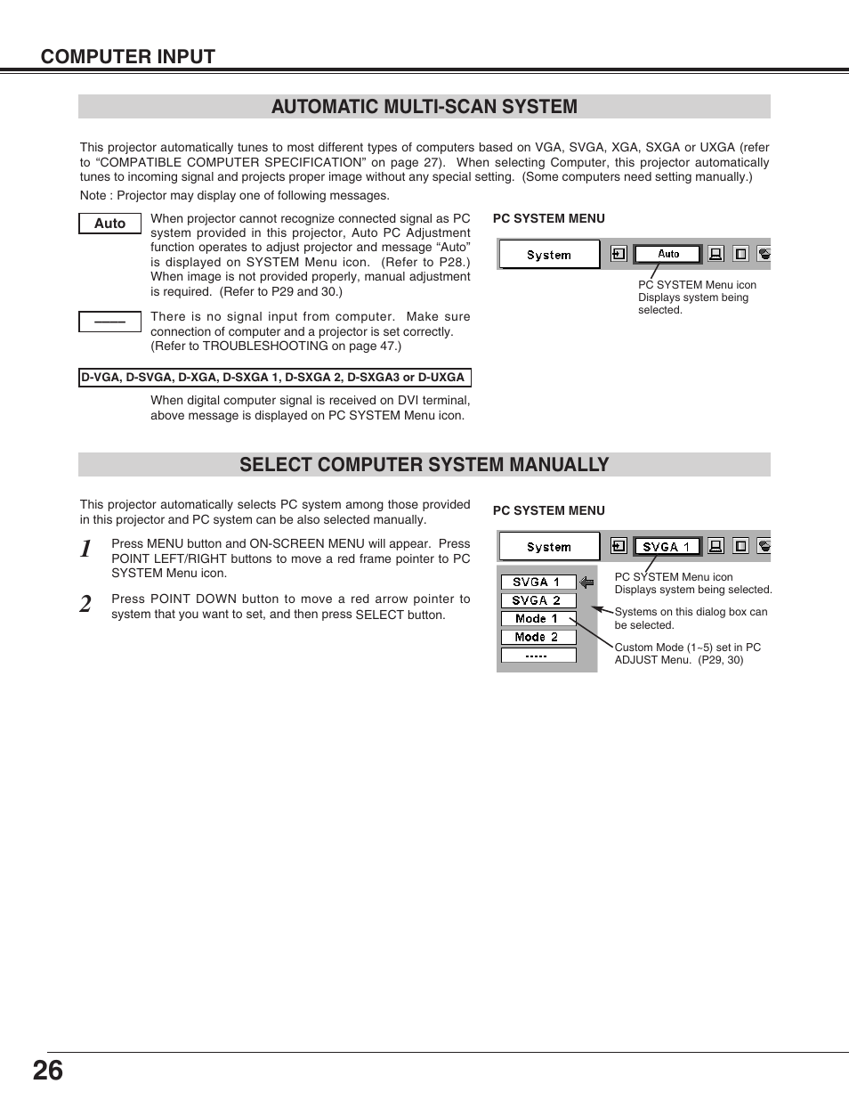 Computer input, Select computer system manually, Automatic multi-scan system | Sanyo PLC-XF31/XF31NL User Manual | Page 26 / 52
