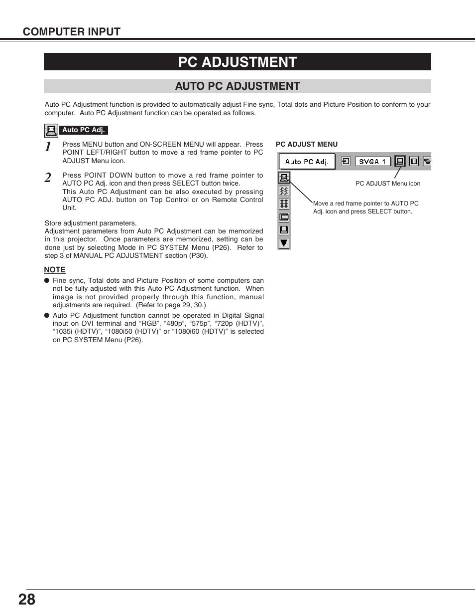 Pc adjustment | Sanyo PLC-XF31/XF31NL User Manual | Page 28 / 52
