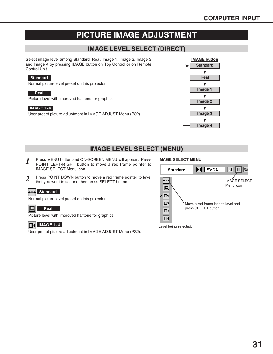 Picture image adjustment, Computer input, Image level select (menu) | Image level select (direct) | Sanyo PLC-XF31/XF31NL User Manual | Page 31 / 52
