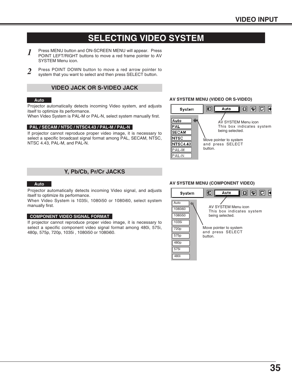 Selecting video system, Video input | Sanyo PLC-XF31/XF31NL User Manual | Page 35 / 52