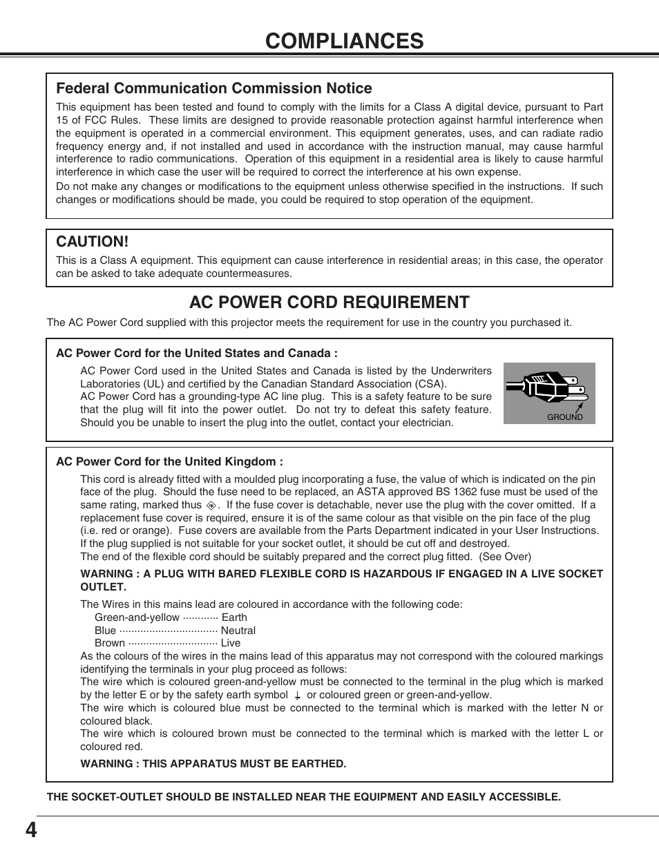 4compliances, Ac power cord requirement, Federal communication commission notice | Caution | Sanyo PLC-XF31/XF31NL User Manual | Page 4 / 52