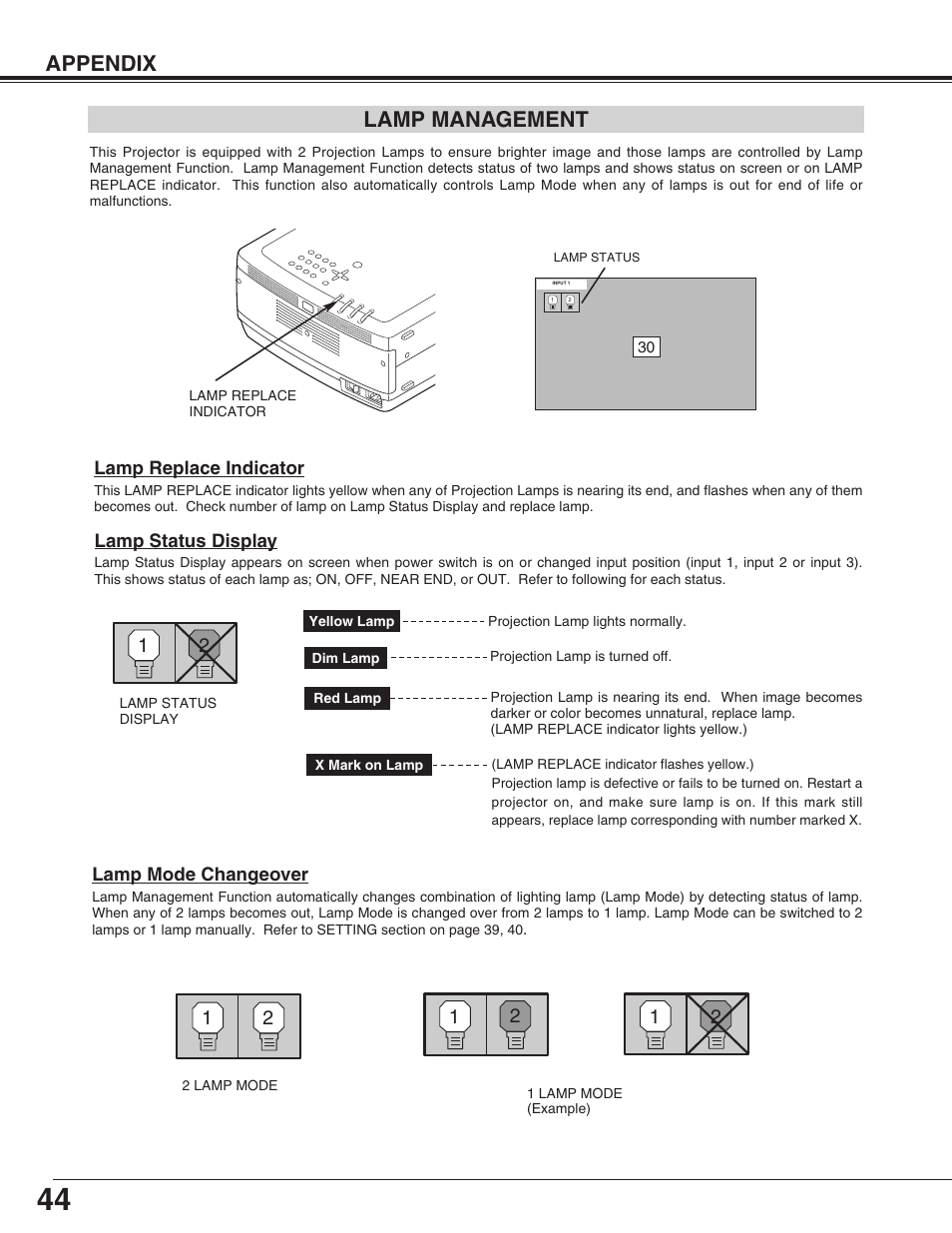 Appendix lamp management | Sanyo PLC-XF31/XF31NL User Manual | Page 44 / 52