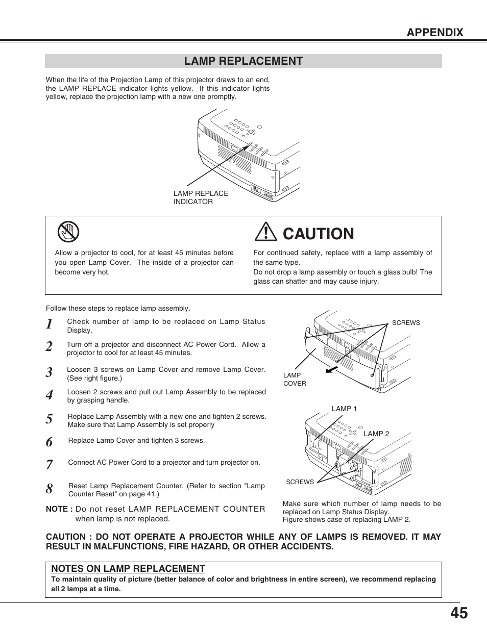Caution | Sanyo PLC-XF31/XF31NL User Manual | Page 45 / 52