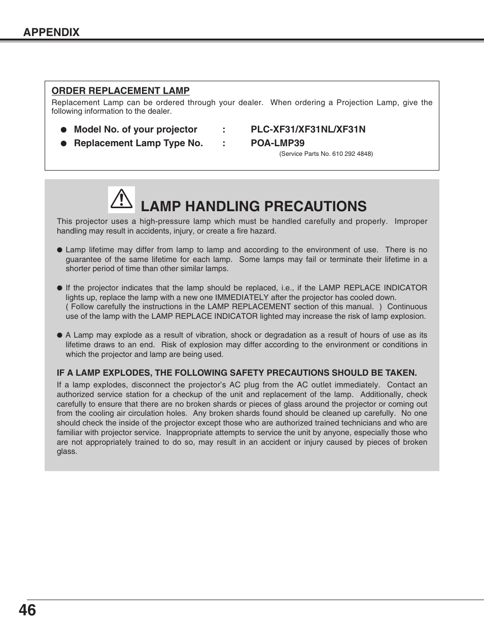 Lamp handling precautions, Appendix | Sanyo PLC-XF31/XF31NL User Manual | Page 46 / 52
