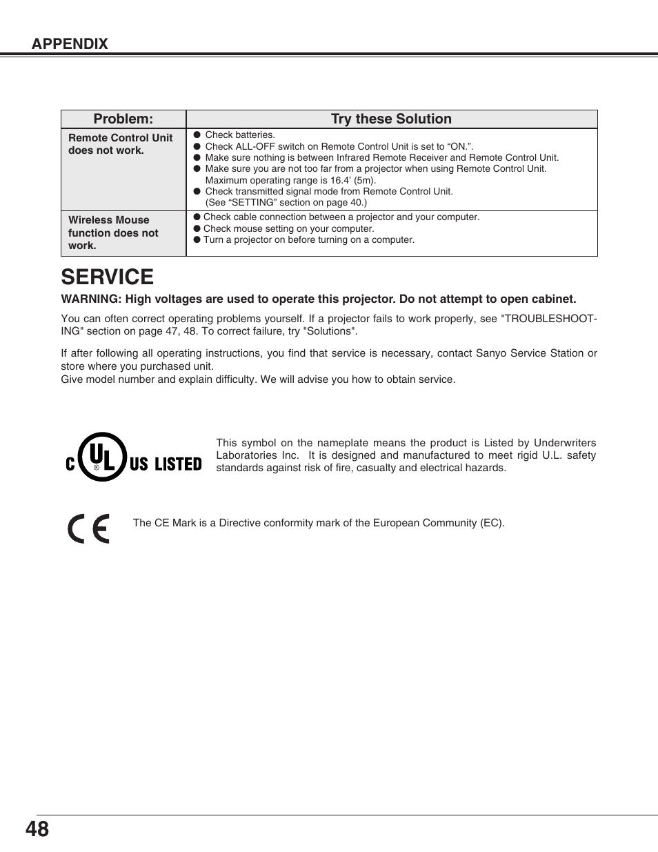 Service, Appendix | Sanyo PLC-XF31/XF31NL User Manual | Page 48 / 52