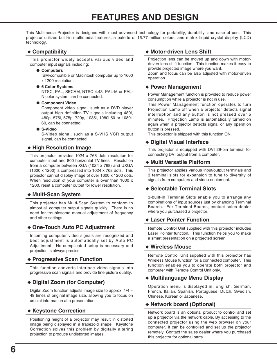 6features and design | Sanyo PLC-XF31/XF31NL User Manual | Page 6 / 52