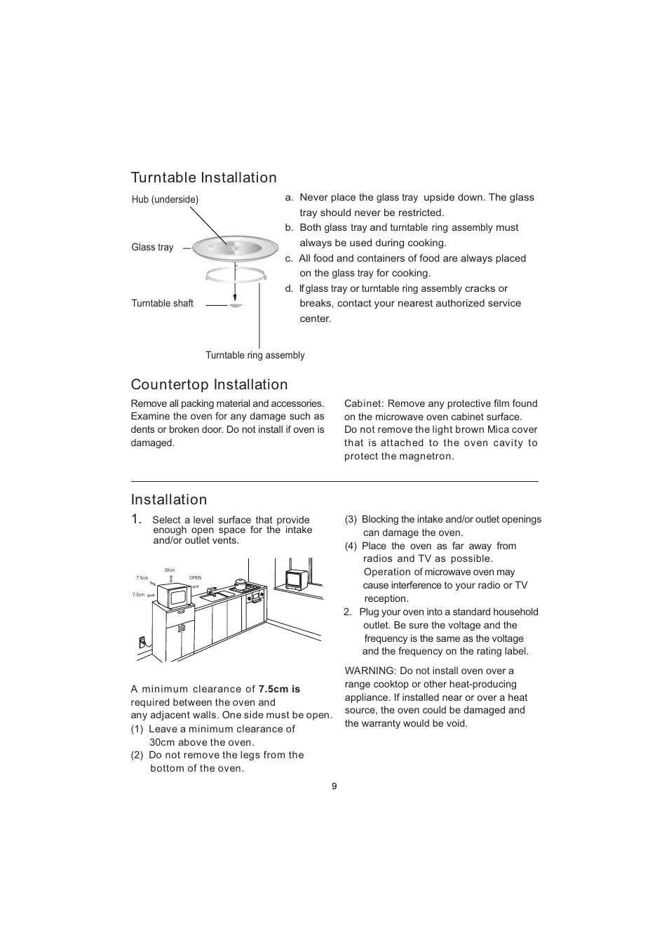 Installation, Countertop installation, Turntable installation | Sanyo EM-S7579W User Manual | Page 10 / 19