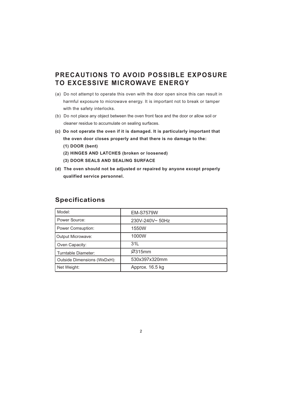 Specifications | Sanyo EM-S7579W User Manual | Page 3 / 19
