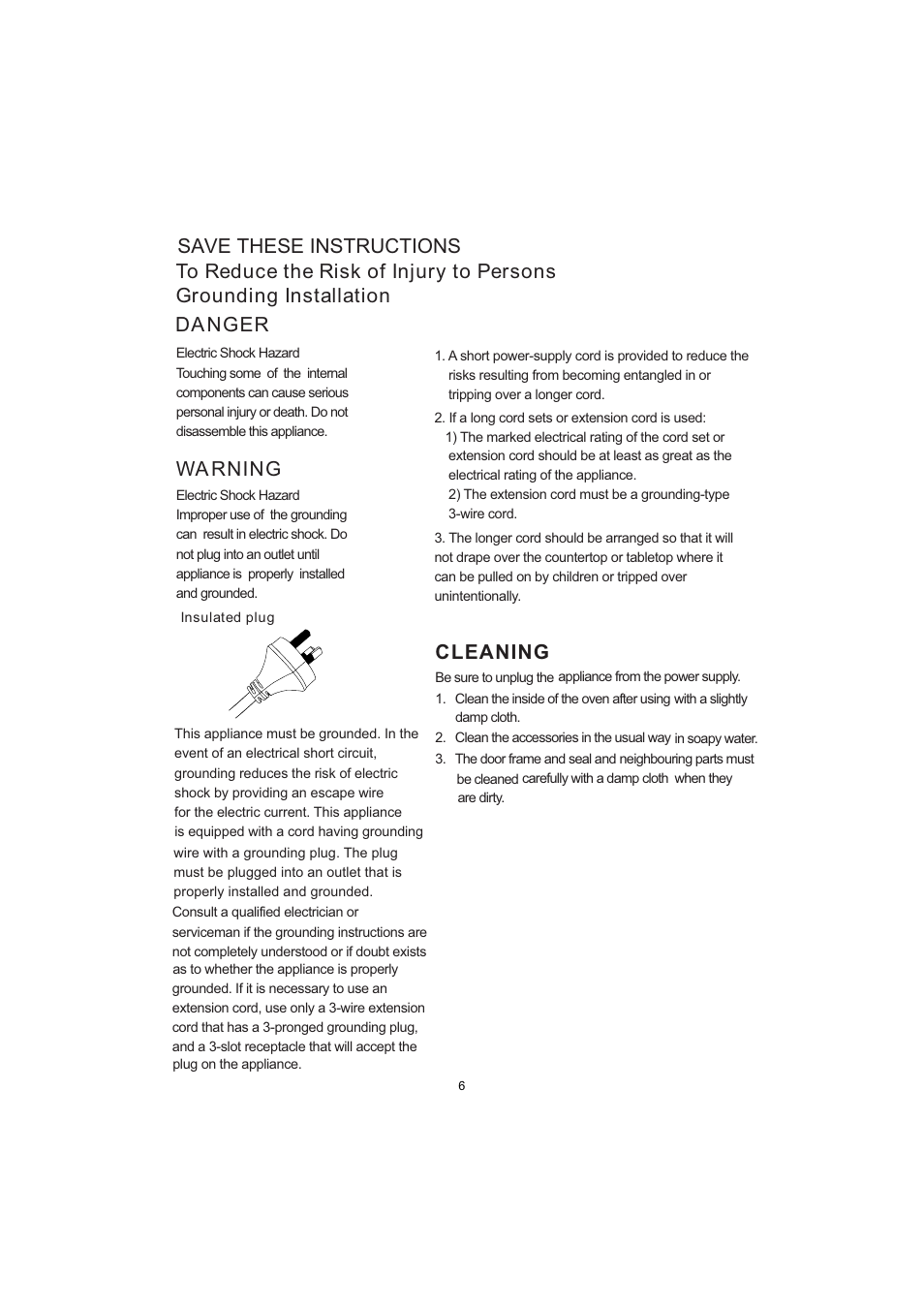 Wa rning da nger, Cleaning | Sanyo EM-S7579W User Manual | Page 7 / 19