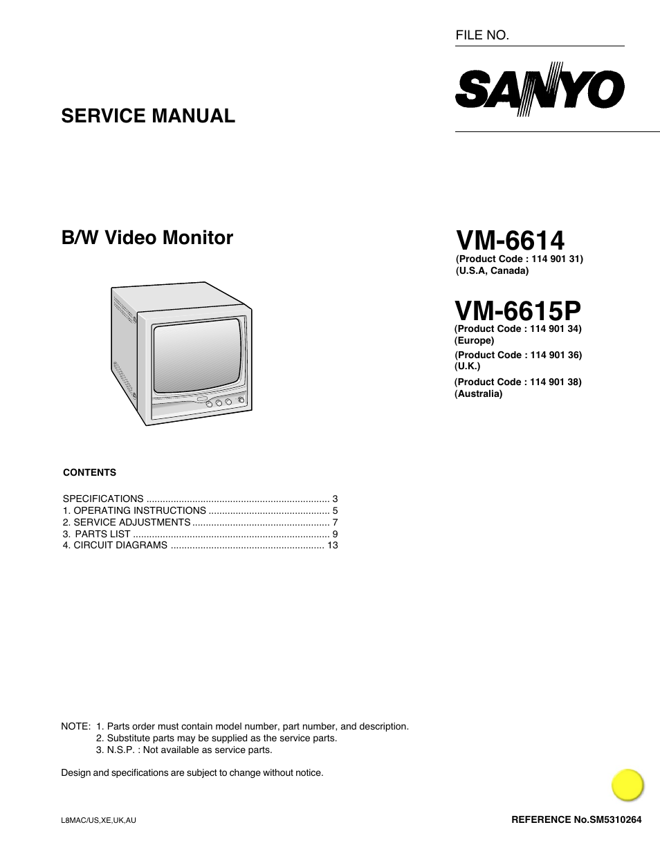 Vm-6614, Vm-6615p, Service manual b/w video monitor | Sanyo VM-6614 User Manual | Page 2 / 32