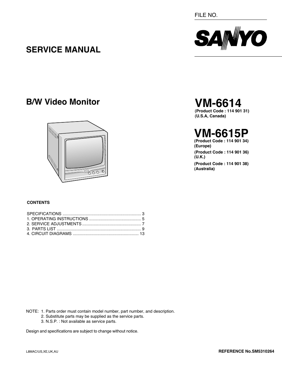 Vm-6614, Vm-6615p, Service manual b/w video monitor | Sanyo VM-6614 User Manual | Page 7 / 32