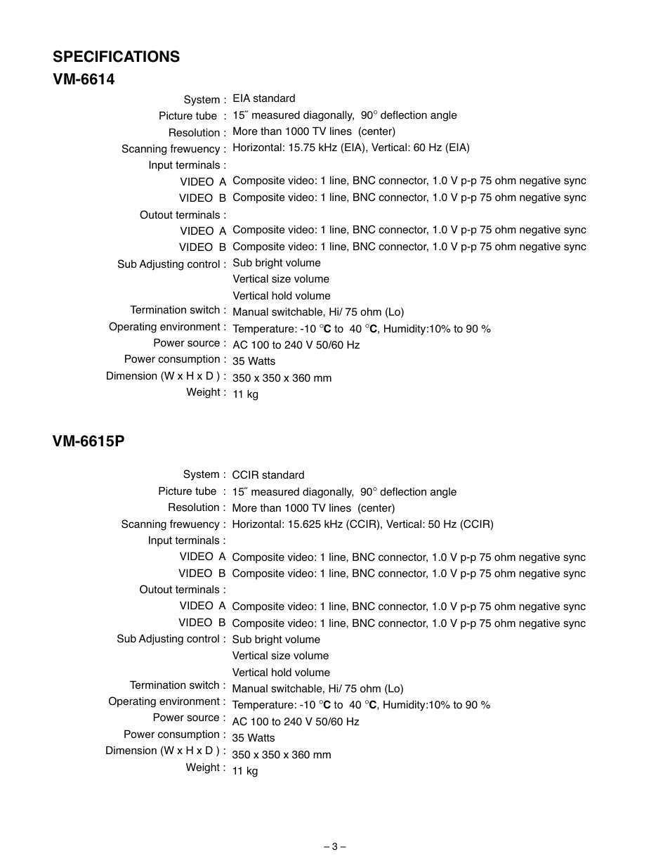 Specifications vm-6614, Vm-6615p | Sanyo VM-6614 User Manual | Page 9 / 32