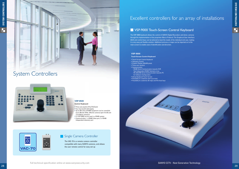 System controllers, Vsp-9000 touch-screen control keyboard, Single camera controller | Sanyo VCC-HDN4000P User Manual | Page 15 / 18