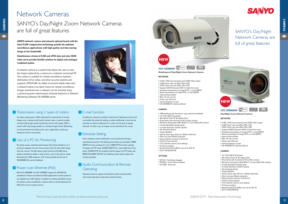 Network cameras, Transmission using 2 types of codecs, Use of a pc for monitoring | Power-over-ethernet (poe), E-mail function, Schedule setting, Audio communication & remote operating | Sanyo VCC-HDN4000P User Manual | Page 5 / 18