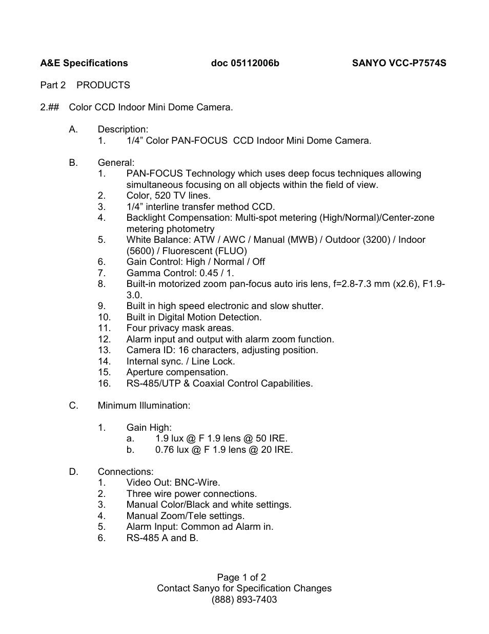 Sanyo VCC-P7574S User Manual | 2 pages