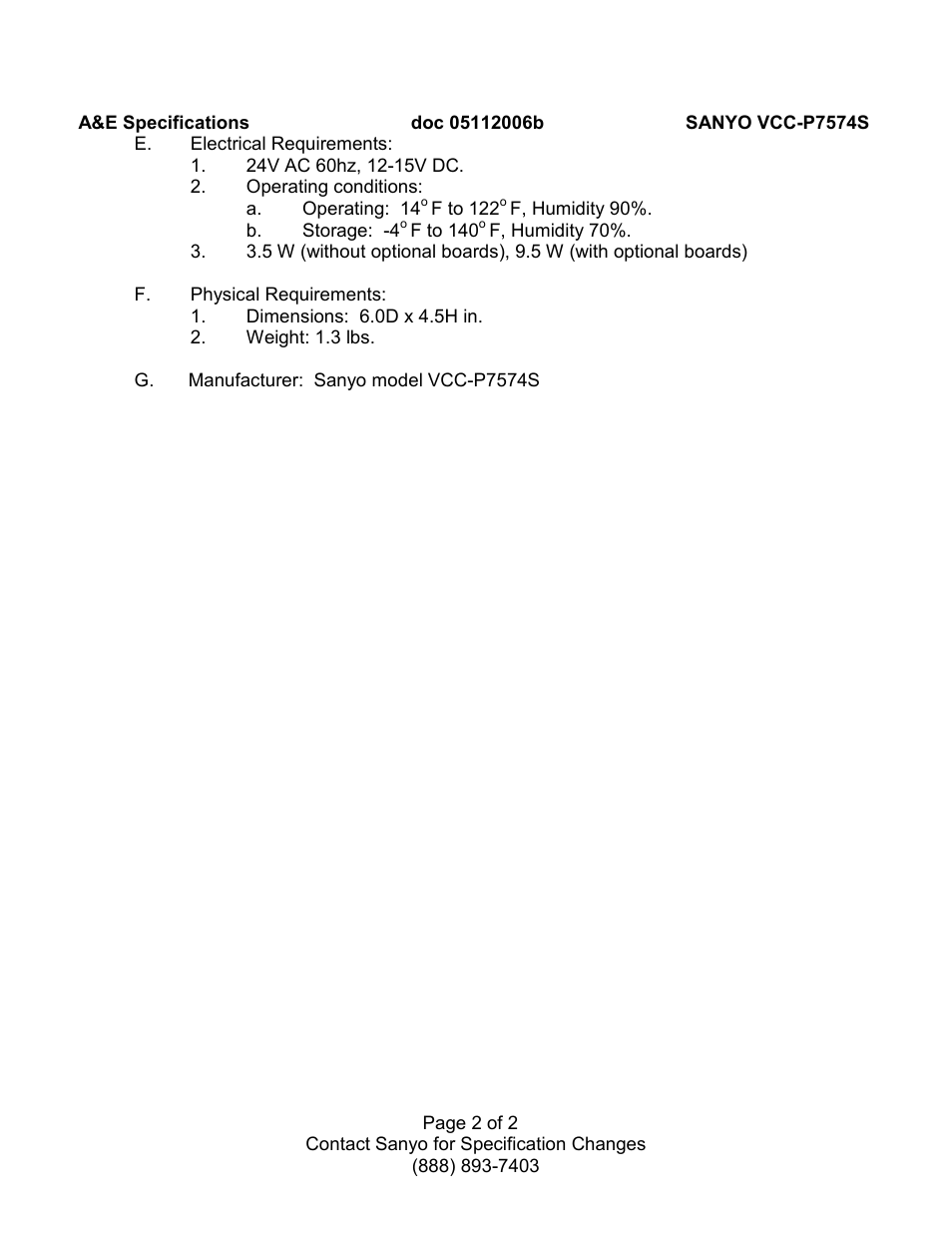 Sanyo VCC-P7574S User Manual | Page 2 / 2