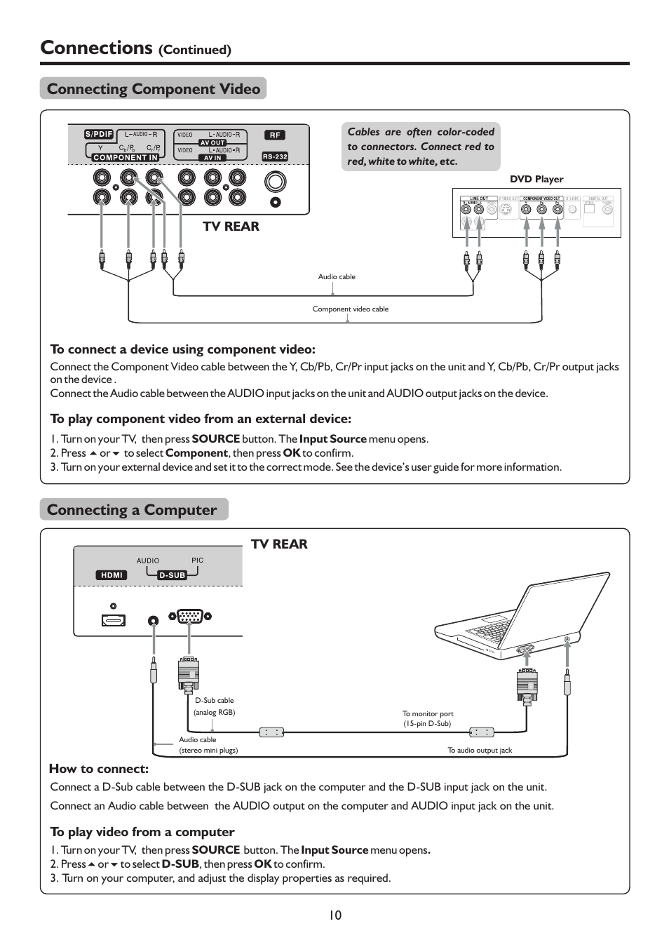 页 13, Connections, Connecting component video | Connecting a computer | Sanyo LCD-22XR9DA User Manual | Page 13 / 40