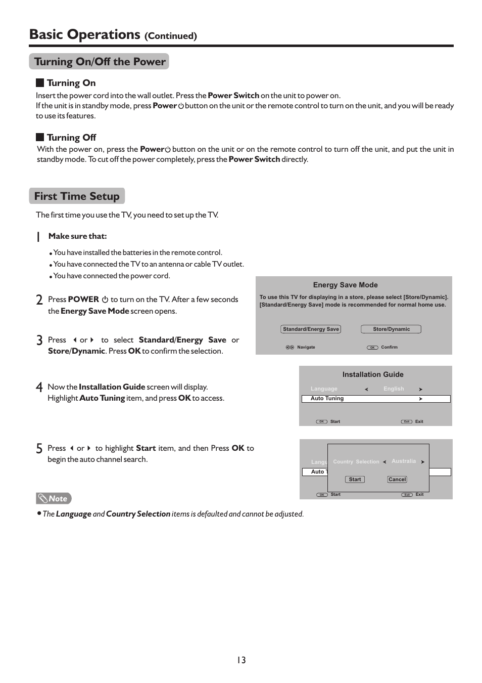 页 16, Basic operations, Turning on/off the power | First time setup, Continued) 13, Turning on, Turning off | Sanyo LCD-22XR9DA User Manual | Page 16 / 40