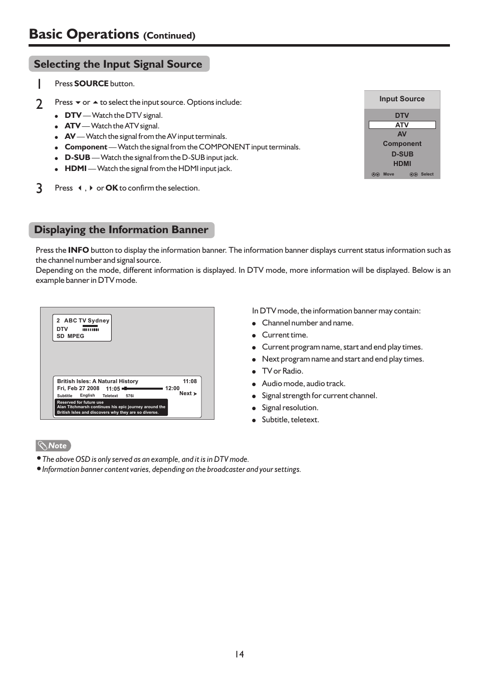 页 17, Basic operations, Displaying the information banner | Selecting the input signal source | Sanyo LCD-22XR9DA User Manual | Page 17 / 40