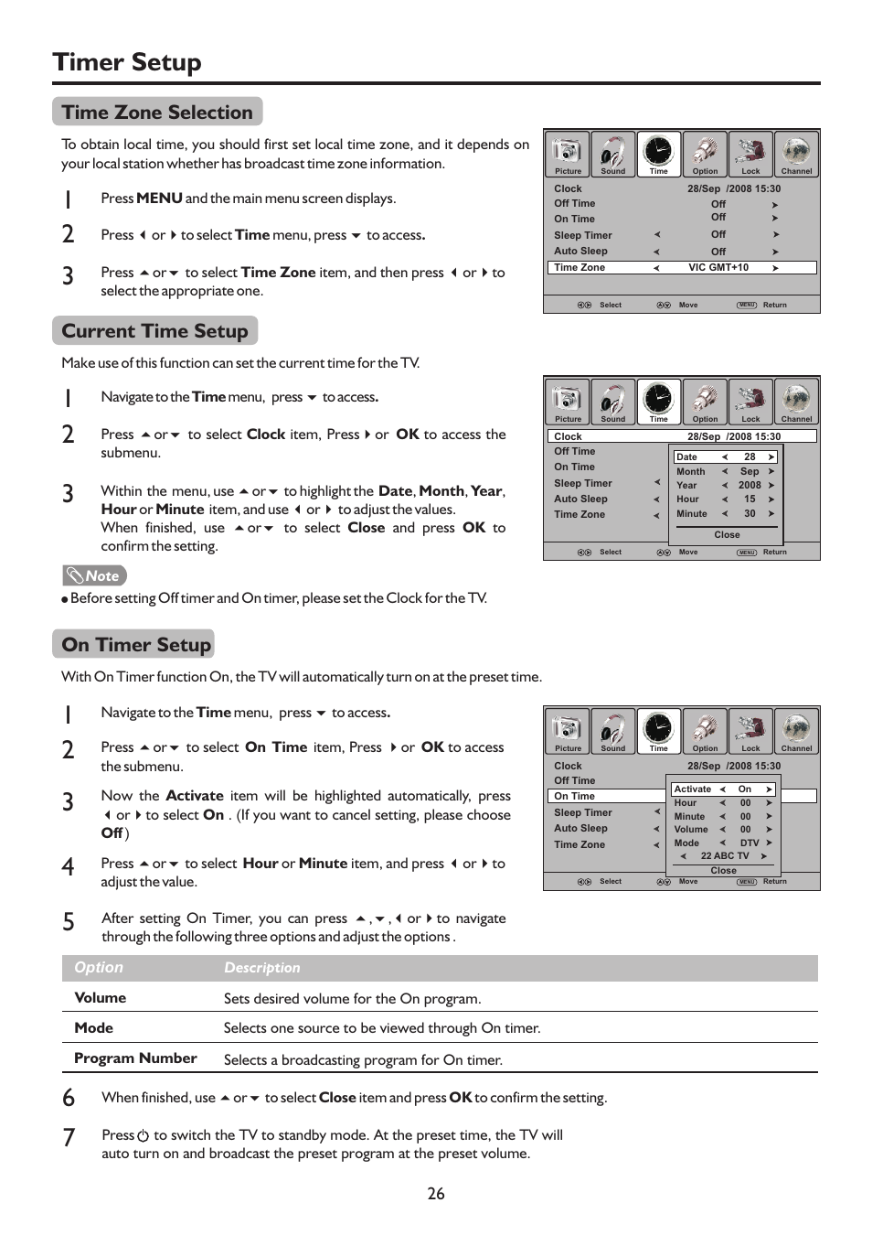 页 29, Timer setup, Time zone selection | Current time setup, On timer setup | Sanyo LCD-22XR9DA User Manual | Page 29 / 40