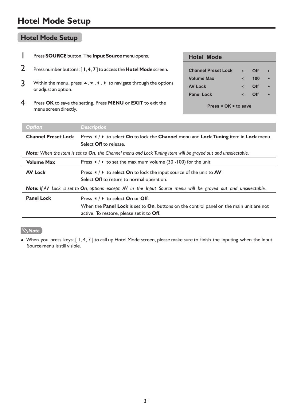 页 34, Hotel mode setup | Sanyo LCD-22XR9DA User Manual | Page 34 / 40