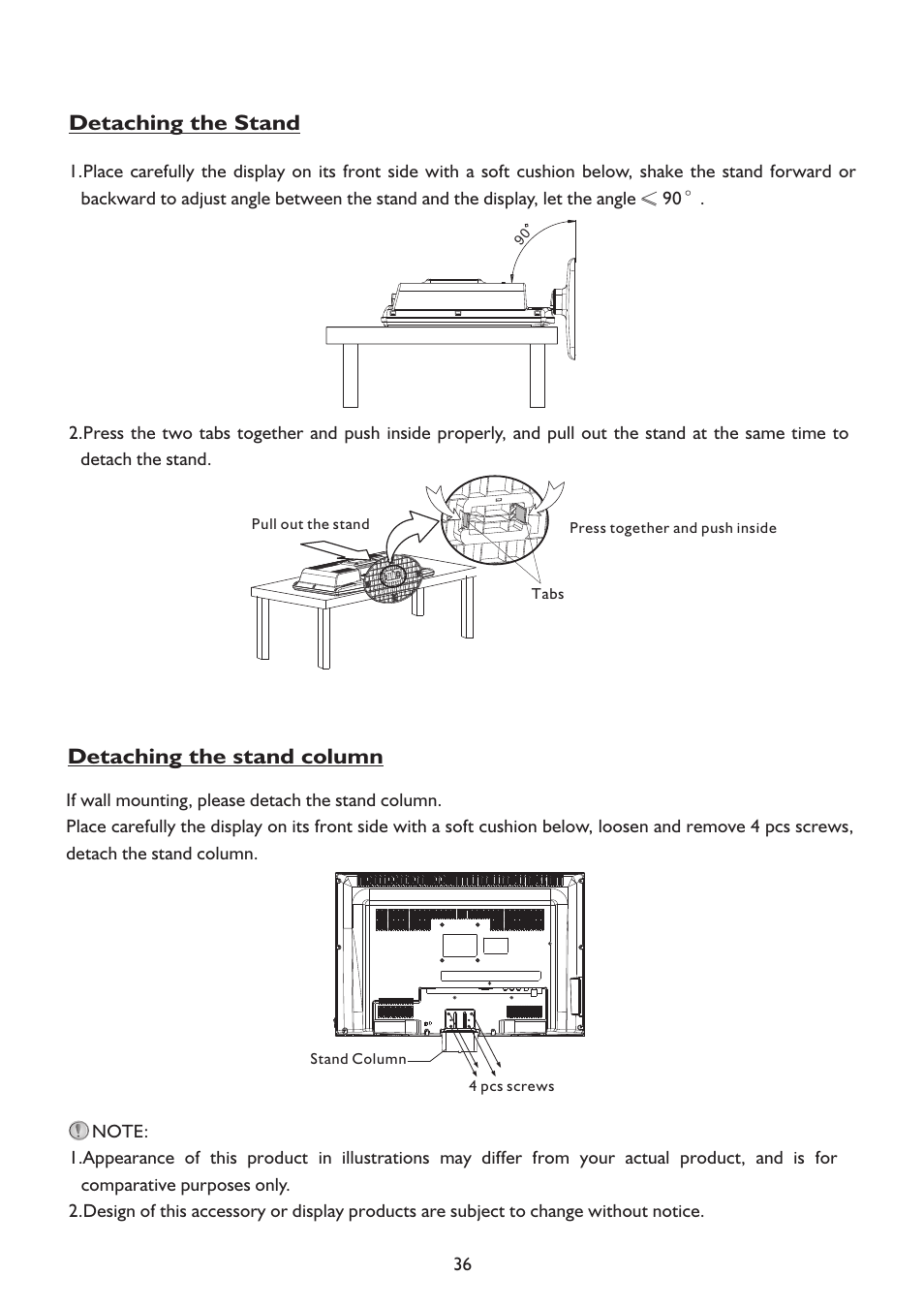 页 39, Detaching the stand, Detaching the stand column | Sanyo LCD-22XR9DA User Manual | Page 39 / 40