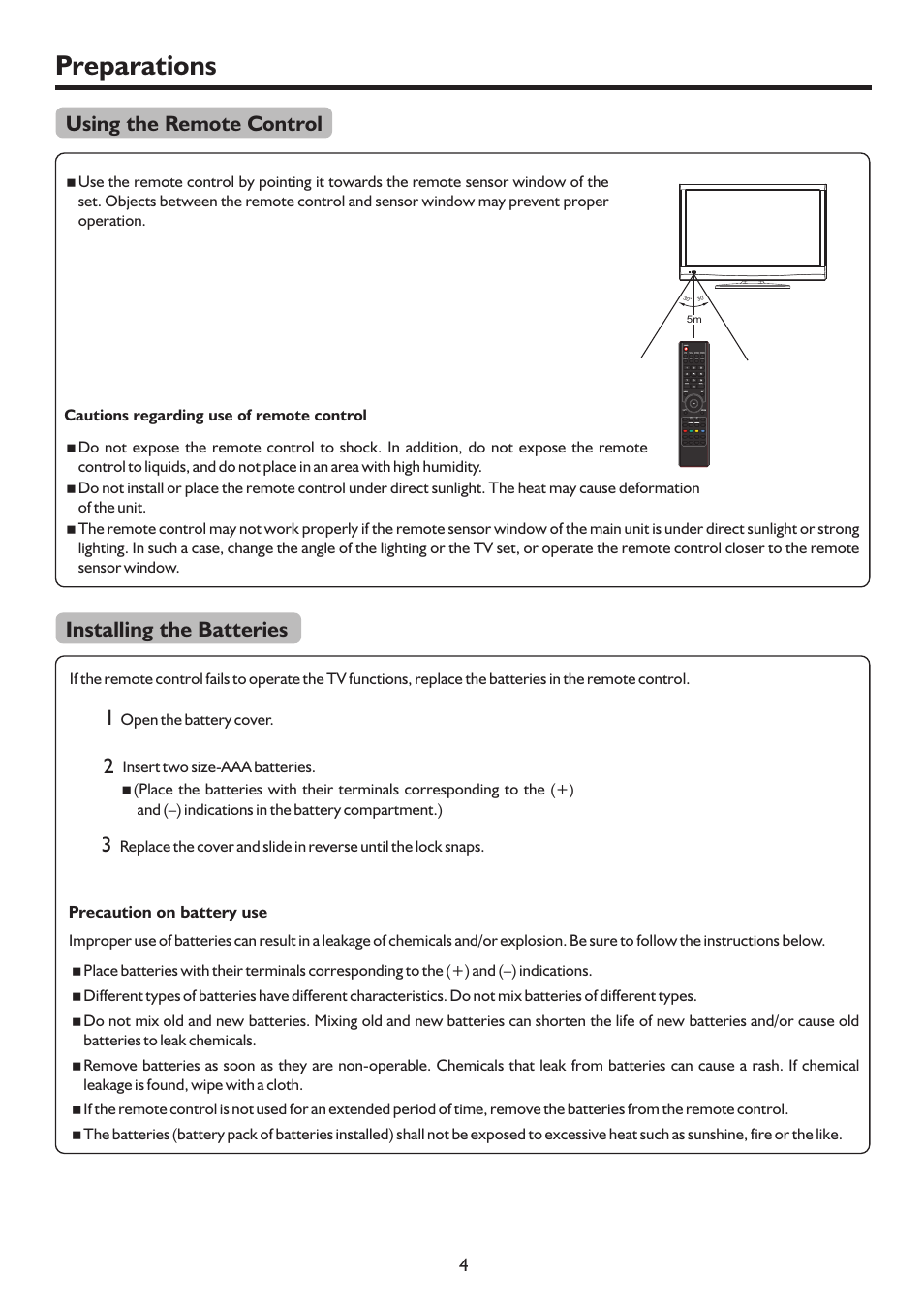 Preparations, Using the remote control installing the batteries | Sanyo LCD-22XR9DA User Manual | Page 7 / 40