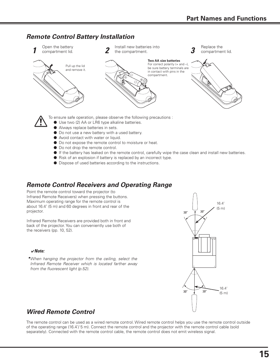 Remote control battery installation, Remote control receivers and operating range, Wired remote control | Wired remote control part names and functions | Sanyo PLC-XF1000 User Manual | Page 15 / 84