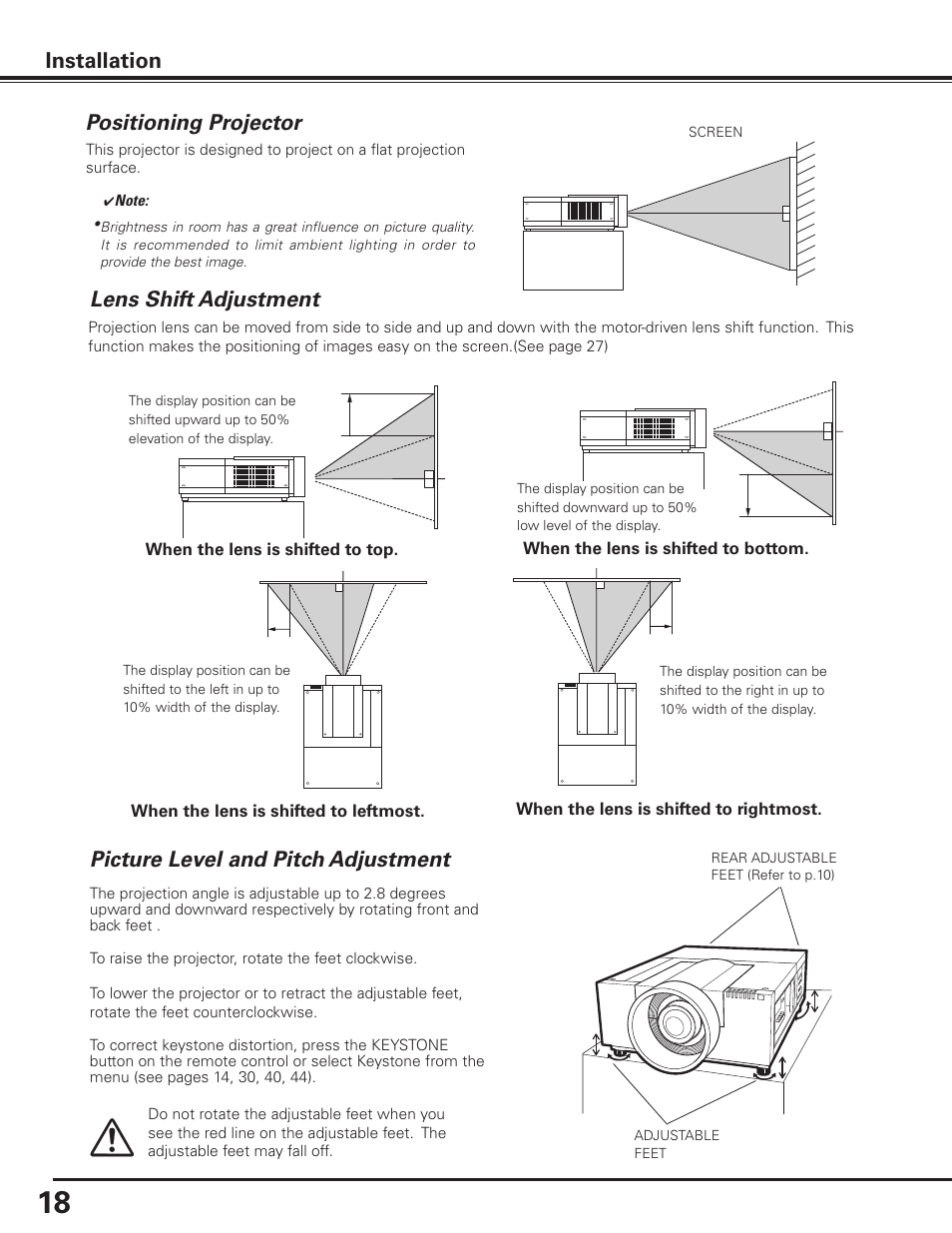 Positioning projector, Lens shift adjustment, Picture level and pitch adjustment | Installation picture level and pitch adjustment | Sanyo PLC-XF1000 User Manual | Page 18 / 84