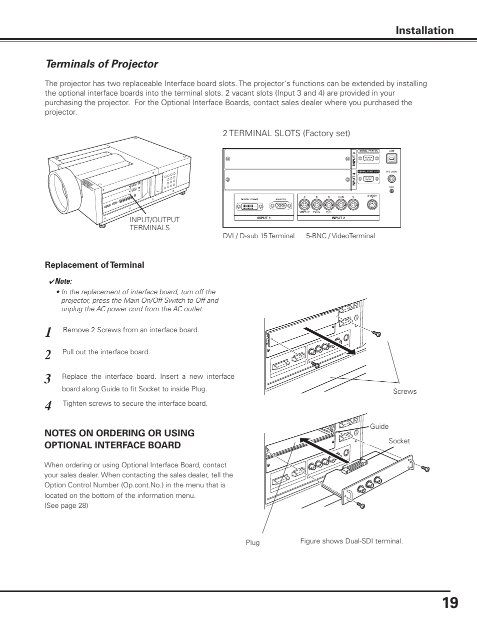 Terminals of projector, Installation | Sanyo PLC-XF1000 User Manual | Page 19 / 84